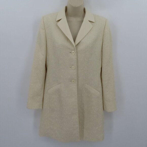 Le Suit Women 6 Ivory Cream Damask Scroll Long Collared Suit Jacket Formal Coat - Picture 10 of 10